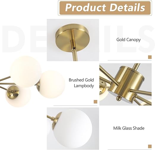 6-Light Globe Sputnik Chandelier with white milk glass shades and brushed gold finish. Mid-century modern pendant light for dining or living rooms.