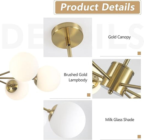 6-Light Globe Sputnik Chandelier with white milk glass shades and brushed gold finish. Mid-century modern pendant light for dining or living rooms.