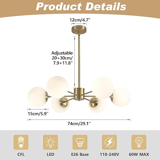 6-Light Globe Sputnik Chandelier with white milk glass shades and brushed gold finish. Mid-century modern pendant light for dining or living rooms.