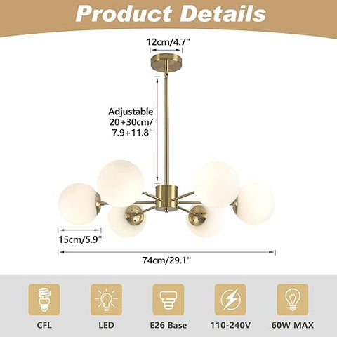 6-Light Globe Sputnik Chandelier with white milk glass shades and brushed gold finish. Mid-century modern pendant light for dining or living rooms.