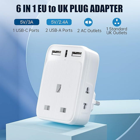 6-in-1 EU to UK plug adapter with specifications on a blue background
