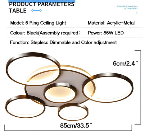 6-ring ceiling light with product parameters table on a white background