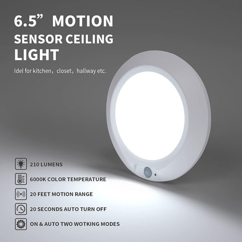 6.5 inch motion sensor ceiling light with features on a gray background