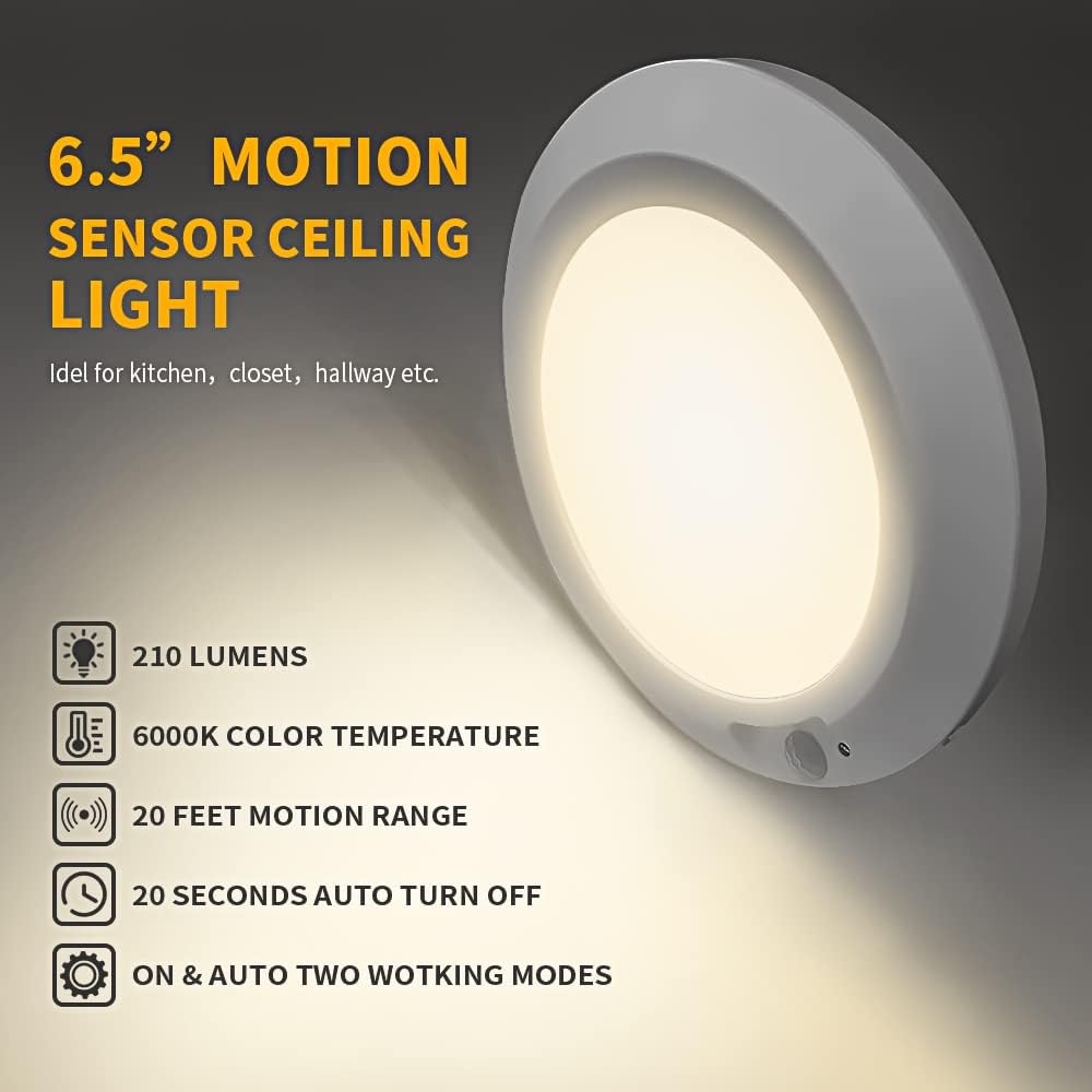 6.5" motion sensor ceiling light with features listed on a dark background