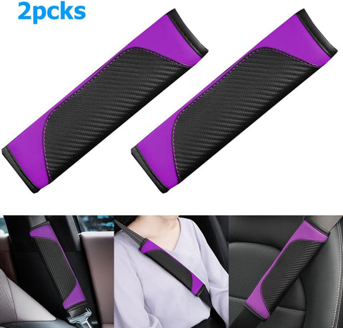 Car Seat Belt Cover Carbon Fiber Leather Shoulder Pads Purple 2PCS