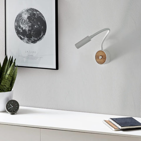 LED Wall Reading Lamp with Switch, Industrial White Wood Lamp, 360 Rotating Gooseneck Lamp, Wall Light for Bedroom, Hallway, Hotel, 3000K