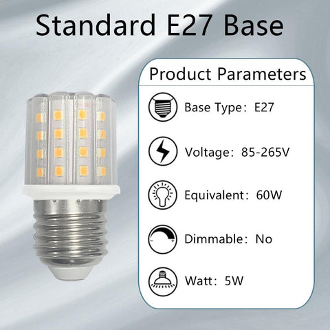 YELANGU E27 LED Corn Light Bulbs,5W Warm Light 3000K, Equivalent to 60W E27 Halogen Bulbs,AC 85-265V, 360° Beam Angle,Edison Screw SES LED Corn Lamp, Not Dimmable, Pack of 8 [Energy Class F]
