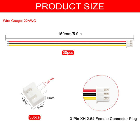 Lyeteung 30 Sets 2.54mm JST-XH Connector, Mini Micro JST XH 3 Pin Connector Plug Male with 150mm 22AWG Cable & Female Connector