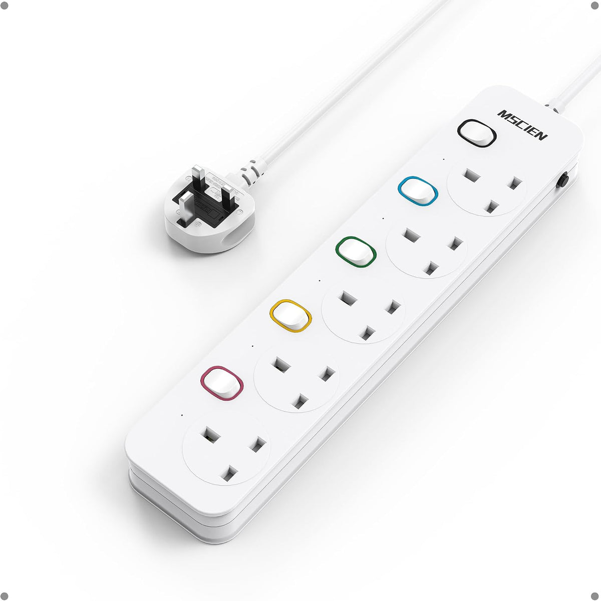 Mscien 1M 5 Way Extension Lead with Individual Switches – Wall-Mountable White Power Strip for Home & Office – Keep Every Plug Within Easy Reach
