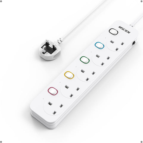 Mscien 1M 5 Way Extension Lead with Individual Switches – Wall-Mountable White Power Strip for Home & Office – Keep Every Plug Within Easy Reach