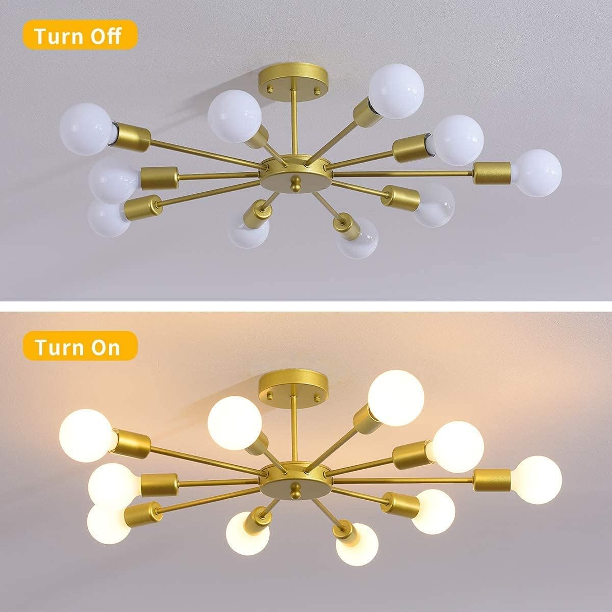 Gold chandelier with multiple bulbs before and after turning on, showing a difference in lighting.