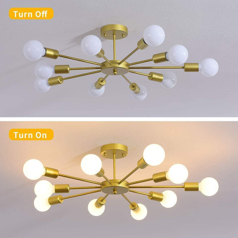 Gold chandelier with multiple bulbs before and after turning on, showing a difference in lighting.