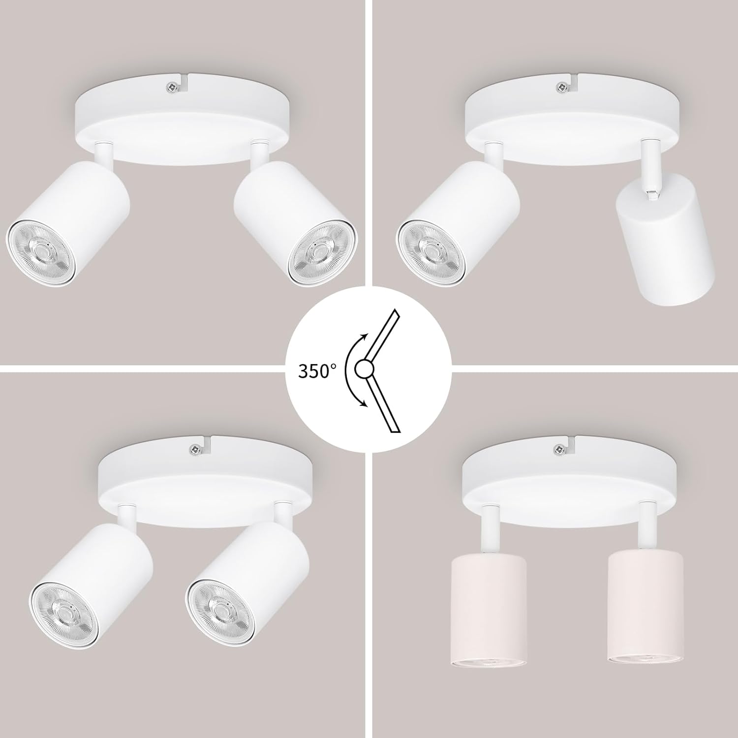 Ceiling light fixture with adjustable head on a neutral background