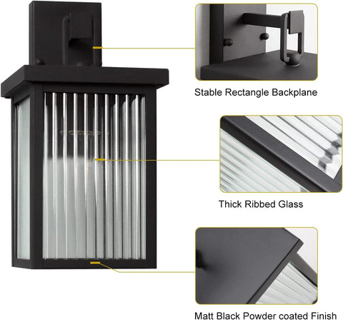 Black outdoor wall light fixture with detailed features highlighted