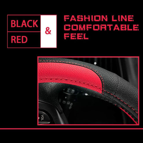 Leather Car Steering Wheel Cover Black Red 15 Inch