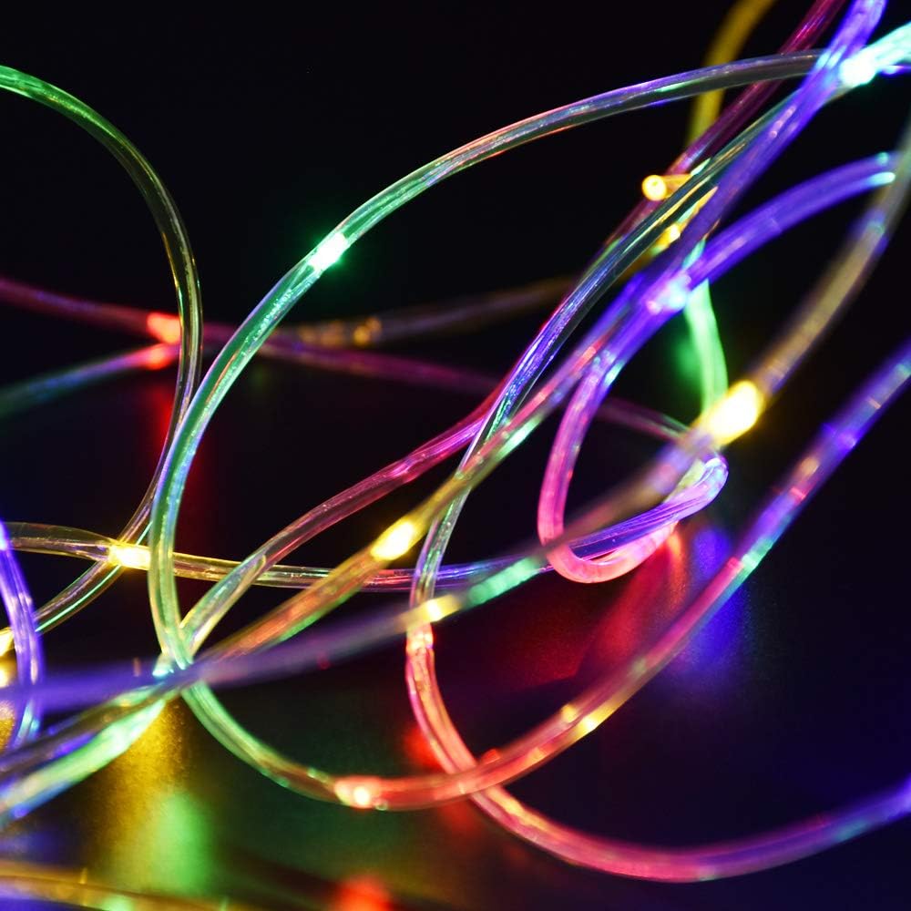 Multicolored LED string lights on a dark background