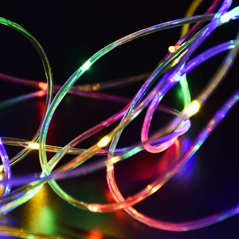 Multicolored LED string lights on a dark background