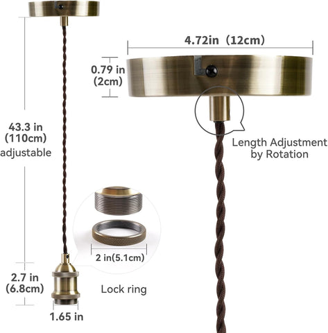 Measurement chart of a pendant light fixture with dimensions labeled.