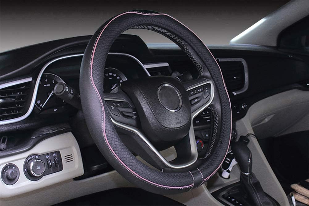 Microfiber Leather Car Steering Wheel Cover 15 Inch Black Pink