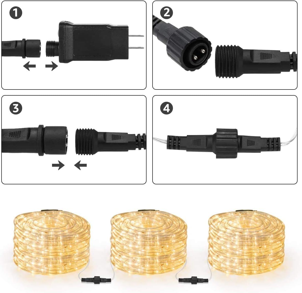 Step-by-step assembly instructions for a LED light strip with connectors.