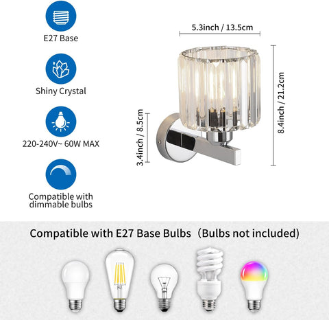 Silver Crystal Wall Lights for Bedroom and Living Room E27 2 Pack