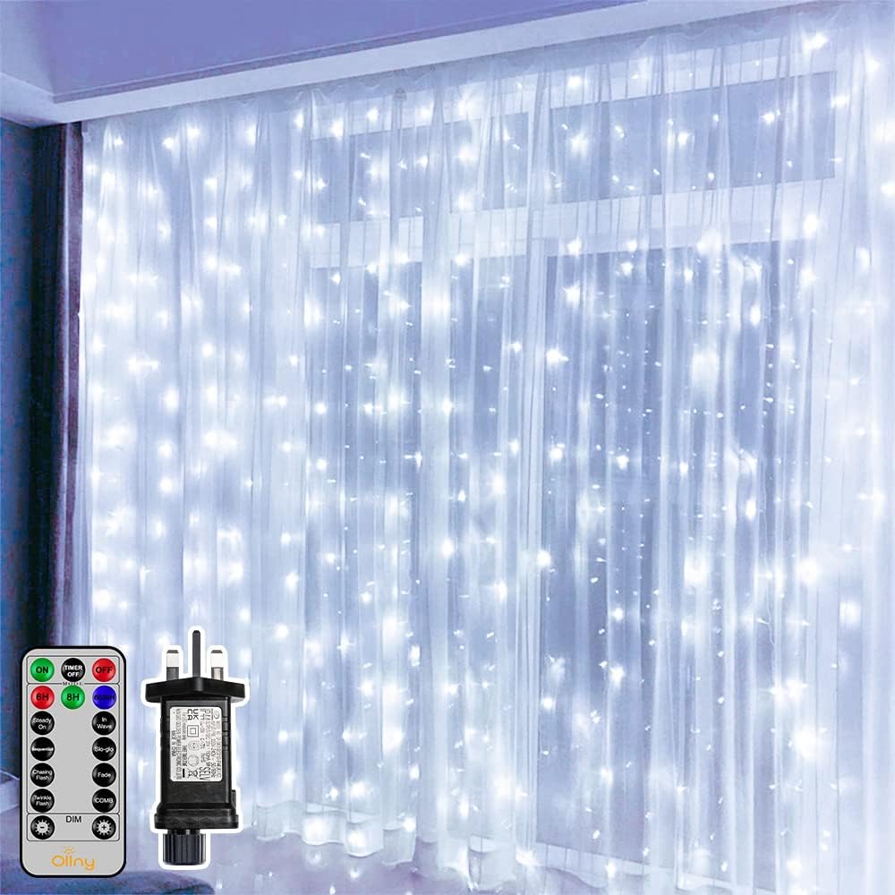 Curtain Lights Indoor Outdoor, 300LED 3mx3m Waterfall Hanging Plug in String Lights, Waterproof Window Lights for Bedroom/Wall/Outdoor/Wedding/Party