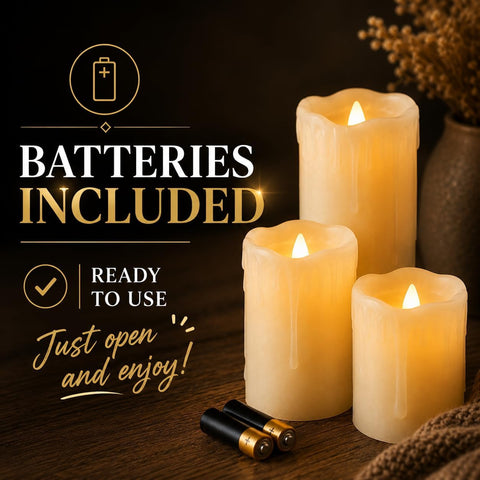 Festive Lights Set of 3 Real Wax Flameless LED Pillar Candles – Warm White Flickering Battery Operated Candles with Dripping Wax Effect for Home, Weddings & Events