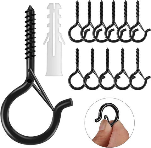 Esteopt 8 Pack Black Q-Hanger Screw-In Hooks with Safety Buckles – Steel Ceiling and Wall Hooks for Outdoor String Lights, Plants, Bird Feeders & Christmas Decorations