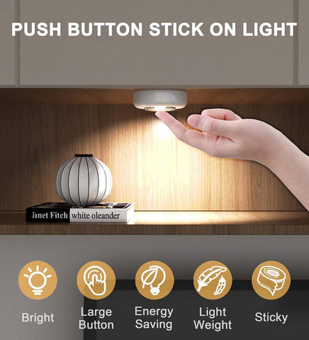 6 Pack Battery Operated Push Lights – Cordless LED Stick-On Lights for Cupboards, Wardrobes, Cabinets & Shelves - Brighten Dark Spaces Without Wires or Drilling