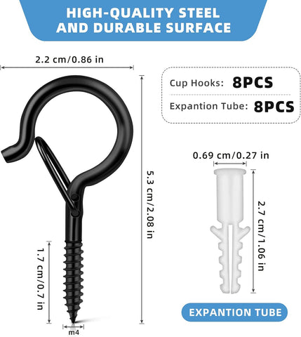 Esteopt 8 Pack Black Q-Hanger Screw-In Hooks with Safety Buckles – Steel Ceiling and Wall Hooks for Outdoor String Lights, Plants, Bird Feeders & Christmas Decorations