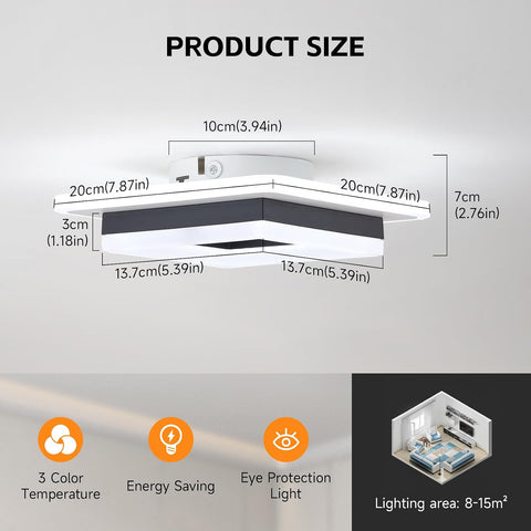 Dimmable Modern LED Ceiling Lights, Black | Acrylic, 18W 2160LM Square Living Room Ceiling Lamp with 3 Colors for Bedrooms Dining Room Hallway