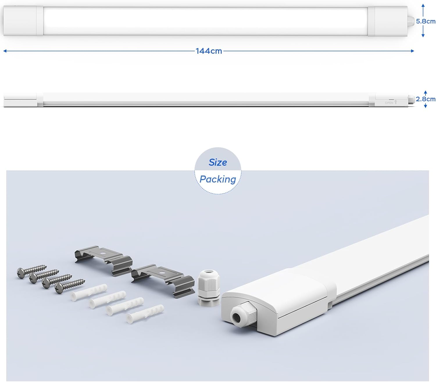 LED tube light with accessories on a light blue background