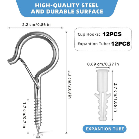 Esteopt 8 Pack Black Q-Hanger Screw-In Hooks with Safety Buckles – Steel Ceiling and Wall Hooks for Outdoor String Lights, Plants, Bird Feeders & Christmas Decorations