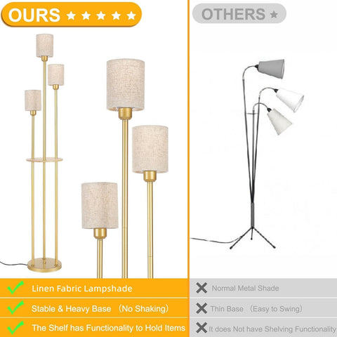Modern Gold Floor Lamp with Shelves, 3-Lights LED Standing Lamp with Fabric Shade, Foot Switch, 166cm Tall Lamps for Living Room & Bedroom