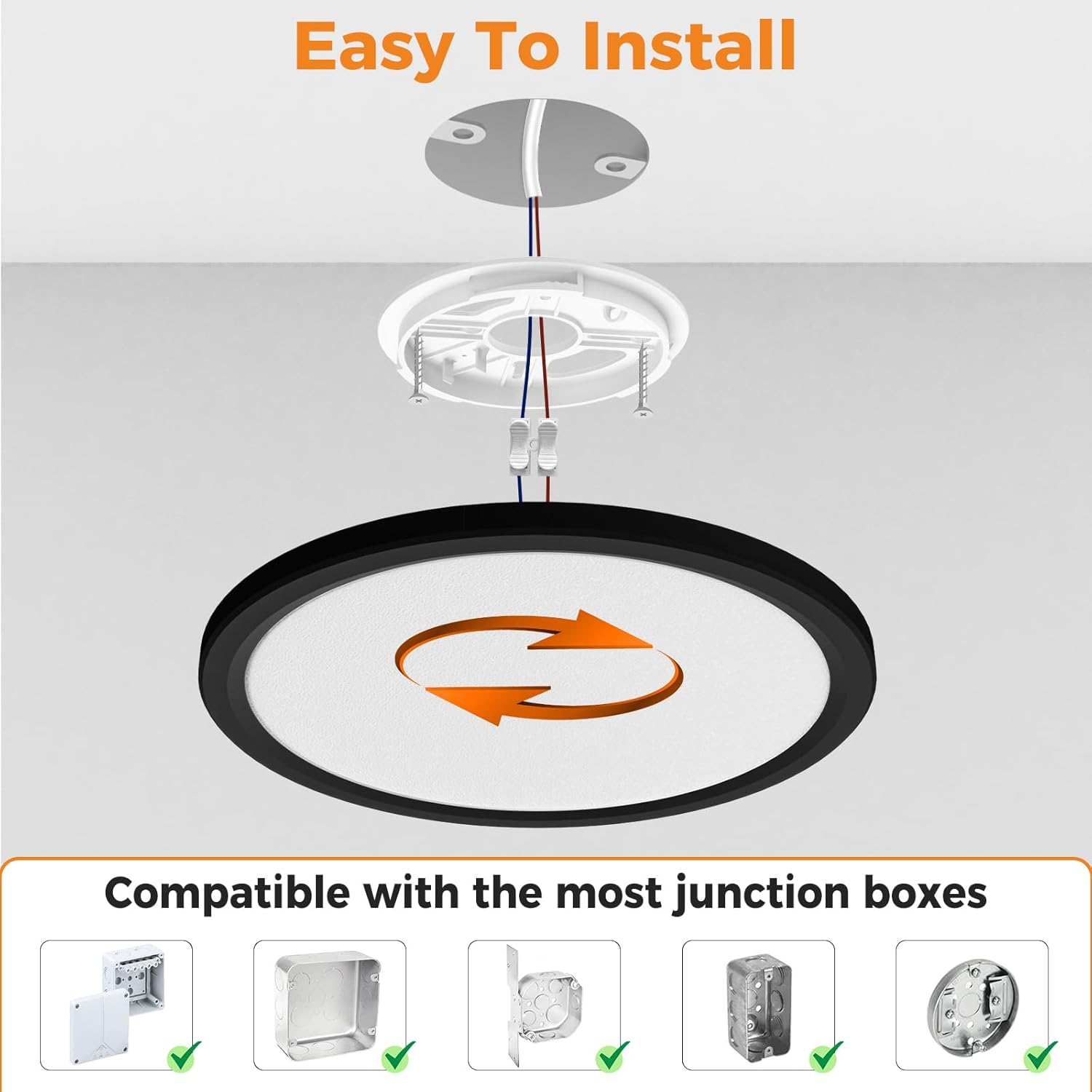 Ceiling light fixture with compatibility icons for junction boxes on a gray background