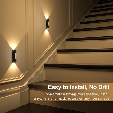 Motion Sensor Wall Lights Indoor - Rechargeable Battery Operated Wall Sconces with Remote Control, Wireless LED Wall Lamp for Hallway, Stair, Bedroom, Living Room, Black Metal, 2 Pack