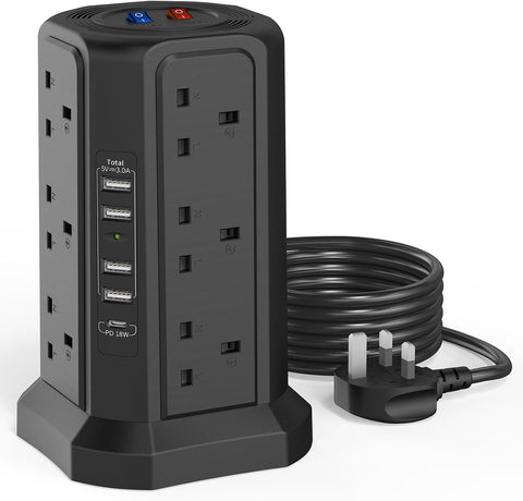 HAFINO Tower Extension Lead with 12 Socket Outlets and 5 USB Ports – 18W USB-C Fast Charging, Surge Protection & 1.8m Cable – Keep Your Desk Powered Without the Plug-Socket Tangle