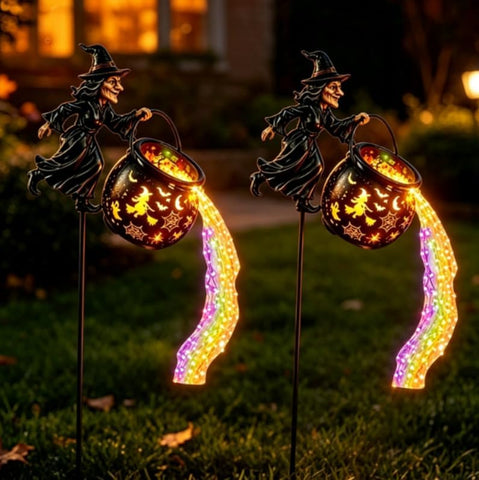 3D Witch Cauldron Garden Stake Light, Metal Iron Art Halloween Yard Ornament, Dimensional Ground Plug Decor for Flower Beds Pathways Patio Indoor Themed Decoration，2PCS