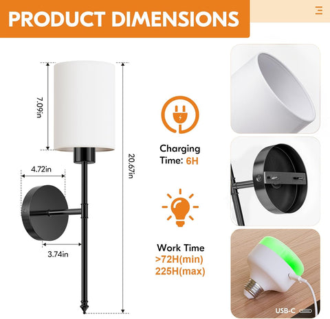 Battery Operated Wall Lights, Black Wireless Rechargeable Wall Lights with 5200mAh Dimmable Detachable Bulbs and Remote, 9 Colours Sconces Wall Decor for Bedroom Living Room Hallway