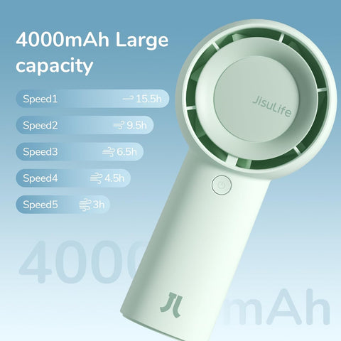 JISULIFE Handheld Turbo Fan [16H Max Cooling Time] Mini Portable Hand, 4000mAh USB Rechargeable Personal, Battery Operated Small Pocket with 5 Speeds for Travel/Outdoor - Green