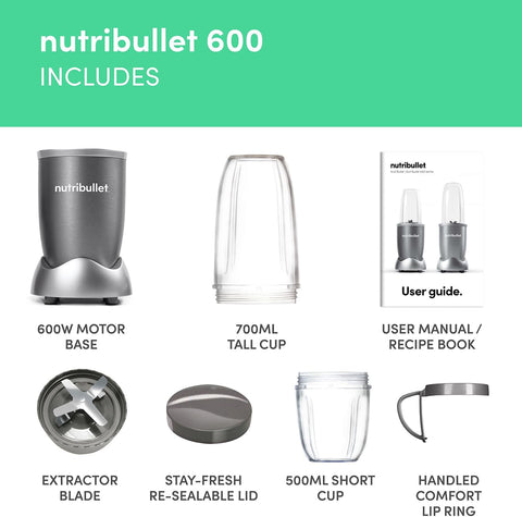 Blender 600 Series 7-Piece Kit – 600W High-Speed Personal Blender with 20,000 RPM Motor, Tall & Short Cups, Lid & Handle Ring – Ideal Smoothie Maker for Ice, Nuts & Frozen Fruits – Graphite