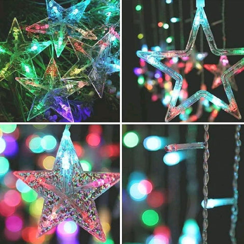 Star-shaped LED lights with multicolor bokeh effect in the background