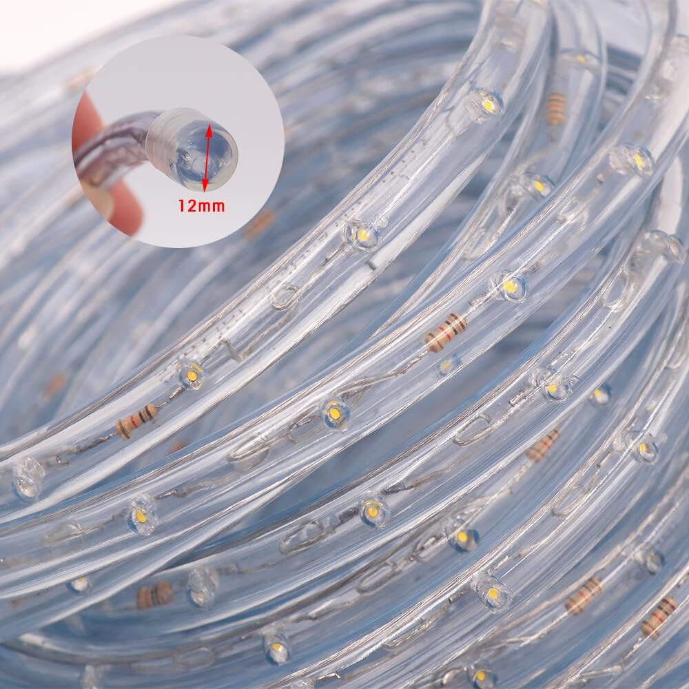Close-up of LED strip with a focus on the 12mm diameter, showing individual LEDs and connectors.