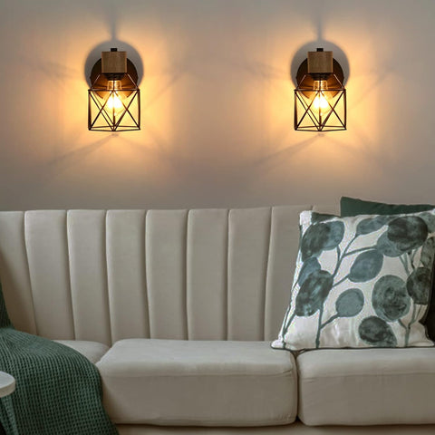 Industrial Wooden Wall Light 2PCS Adjustable Metal Cage Sconces