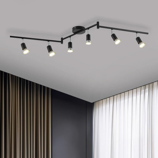 LED Ceiling Lights, 6 Way Spotlights Adjustable, Modern Ceiling Kitchen Light, Black Ceiling Light, Spotlight bar for Living Room Bedroom, 4000K Natural White GU10 6W 220V-240V, Bulbs Included