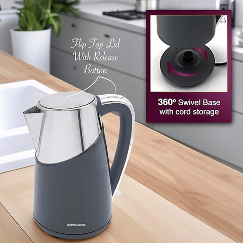 1.7L Fast Boil Electric Kettle – 3000W Energy Efficient Quiet Cordless Kettle with 360° Swivel Base – Grey
