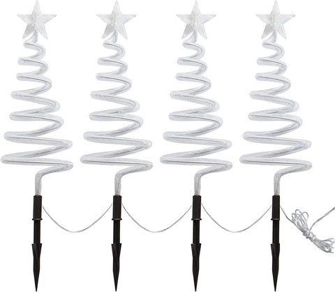Festive Fix 40 LED Spiral Christmas Tree Pathway Lighting - Set of 4 White Outdoor Christmas Decorations for Garden Paths, Energy-Efficient Xmas Lights for Pathway, Festive Yard & Holiday Displays