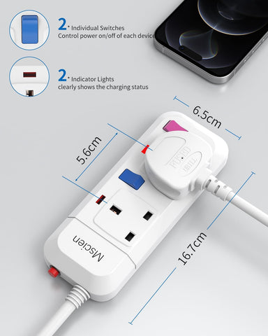 Mscien 5M Extension Lead 2 Way Plug Sockets with Individual Switches Overload Protected Power Strip Wall Mountable 5 Metre Long Extension Cable