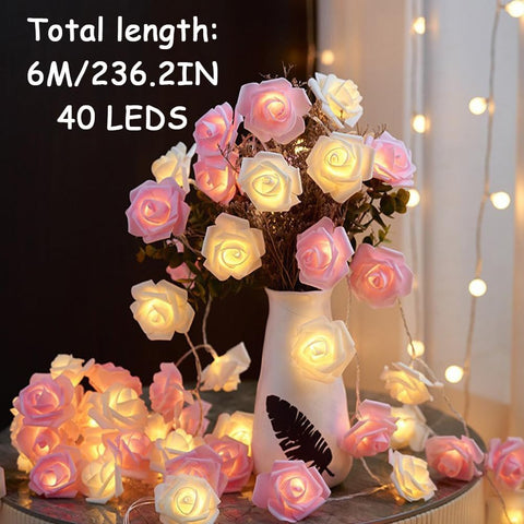 Pink Rose Flower Fairy String Lights 6M with 40 LEDs, Battery Operated Decorative Lights for Romantic Indoor and Outdoor Décor
