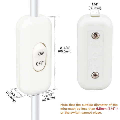 Helunsi Inline Switch 2 Pcs, White Lamp Cord Button Torpedo Switch, Rated 6A 250V ON OFF Electrical Wire Appliance Rocker Switches, Repair Replacement Control Power Cable Plug Desk Table Light Parts